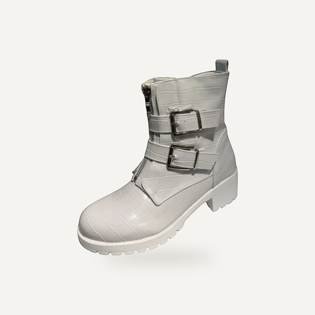 So and Ro white crocodile-effect combat boots with double buckle straps and side zipper.