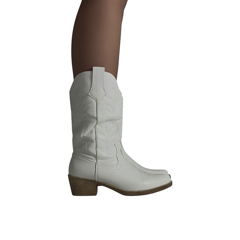 So and Ro white faux leather Western boots with tonal embroidery, pointed toe, and block heel.