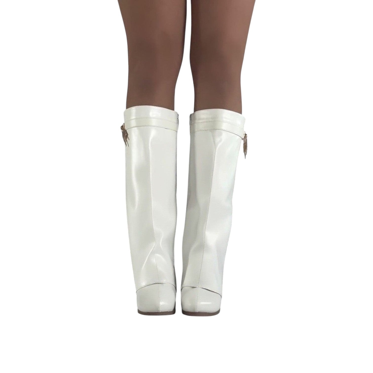 So and Ro white faux leather knee-high boots with fold-over top and gold buckle detail.