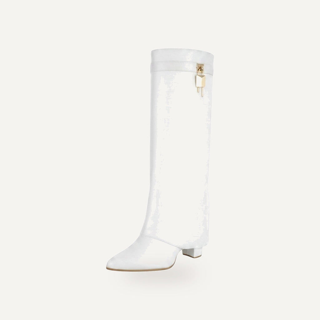 So and Ro white faux leather knee-high boots with fold-over cuff and gold buckle detail.