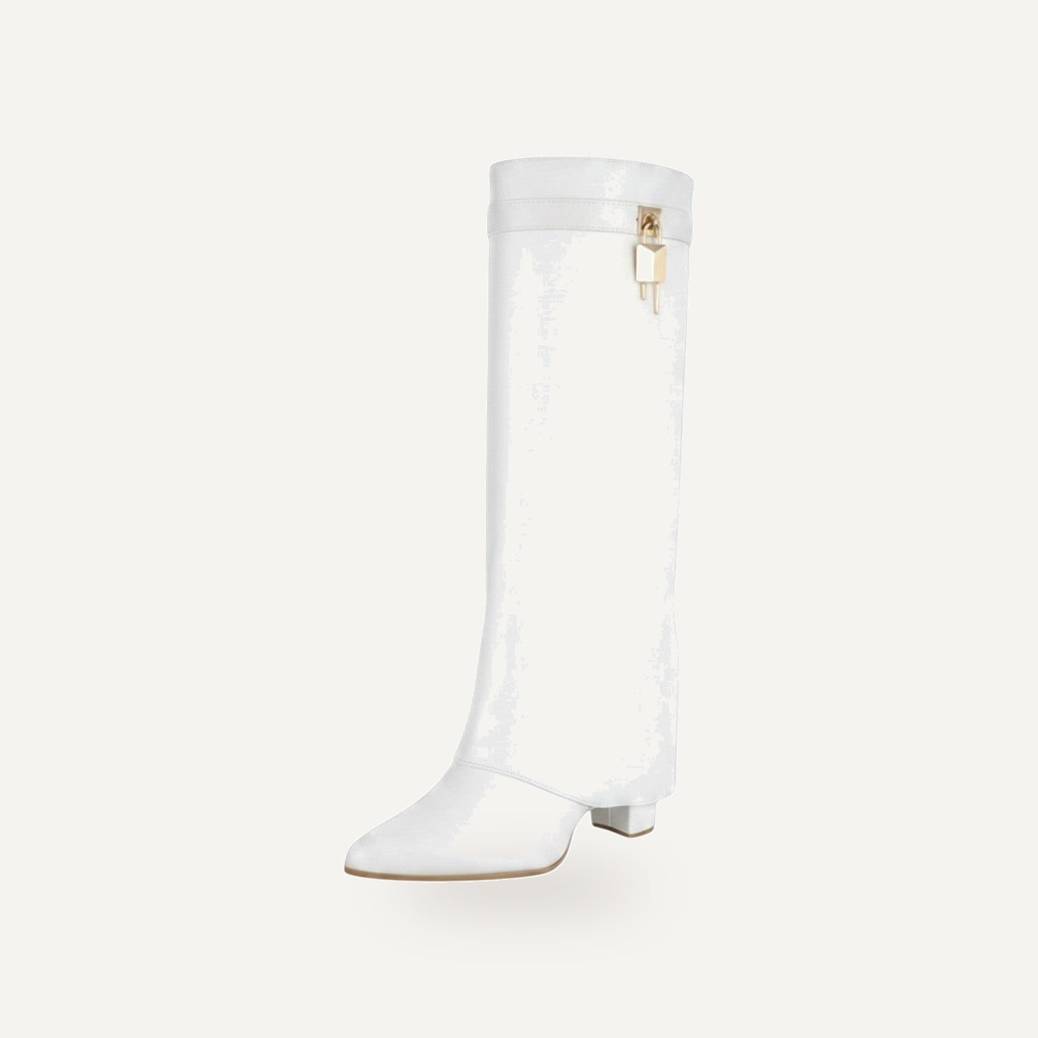 So and Ro white faux leather knee-high boots with fold-over cuff and gold buckle detail.