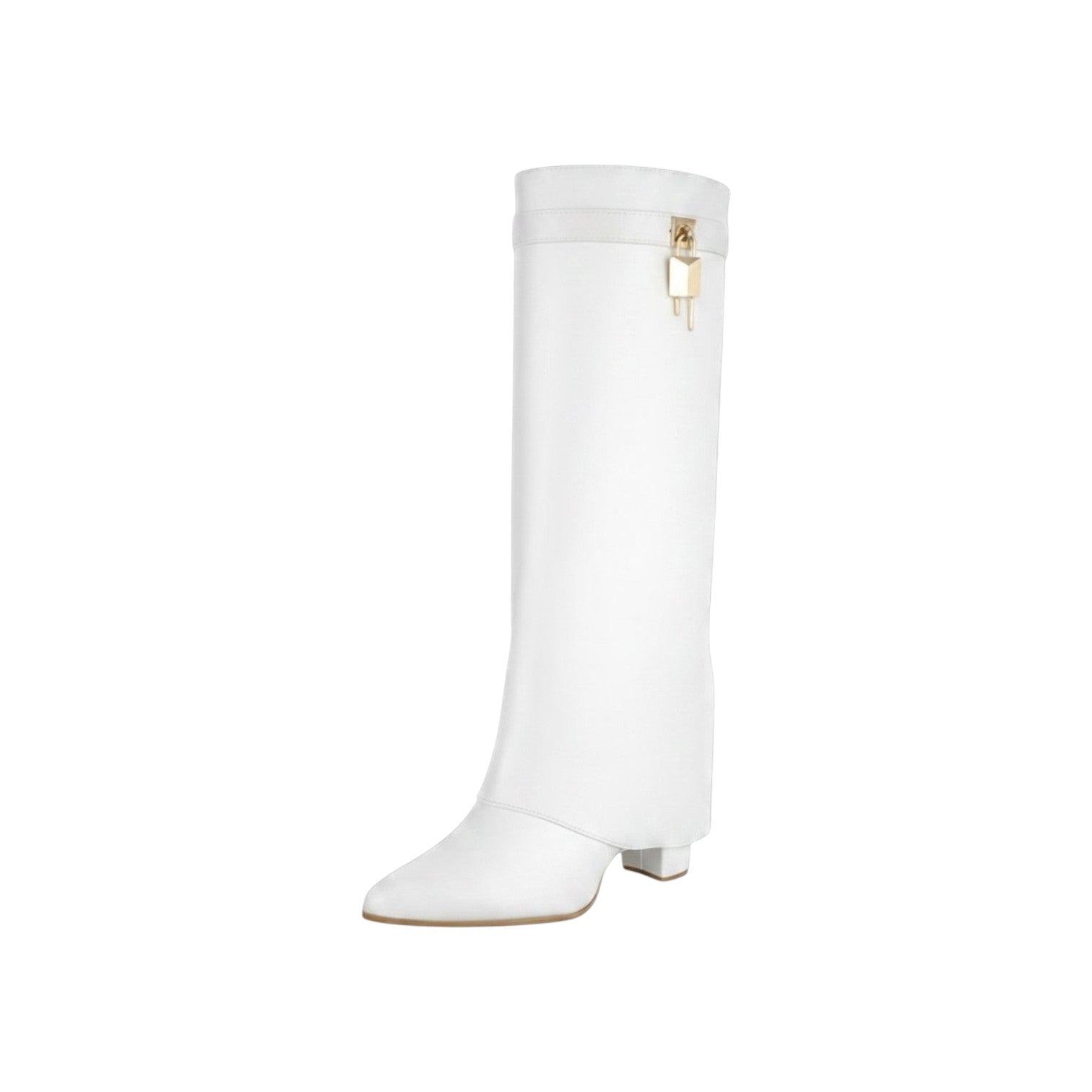 So and Ro white faux leather knee-high boots with fold-over cuff and gold buckle detail.