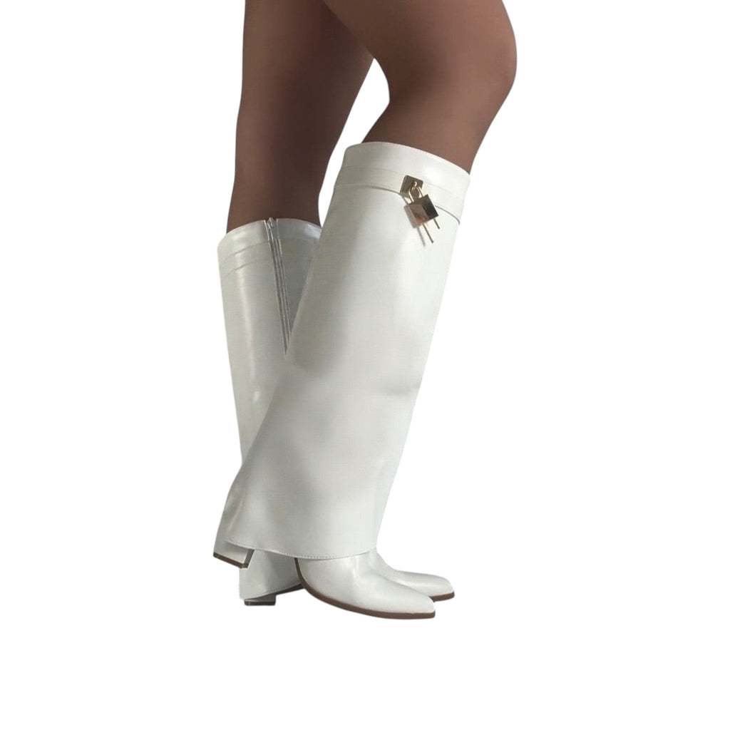 So and Ro white faux leather knee-high boots with fold-over top and gold buckle detail.