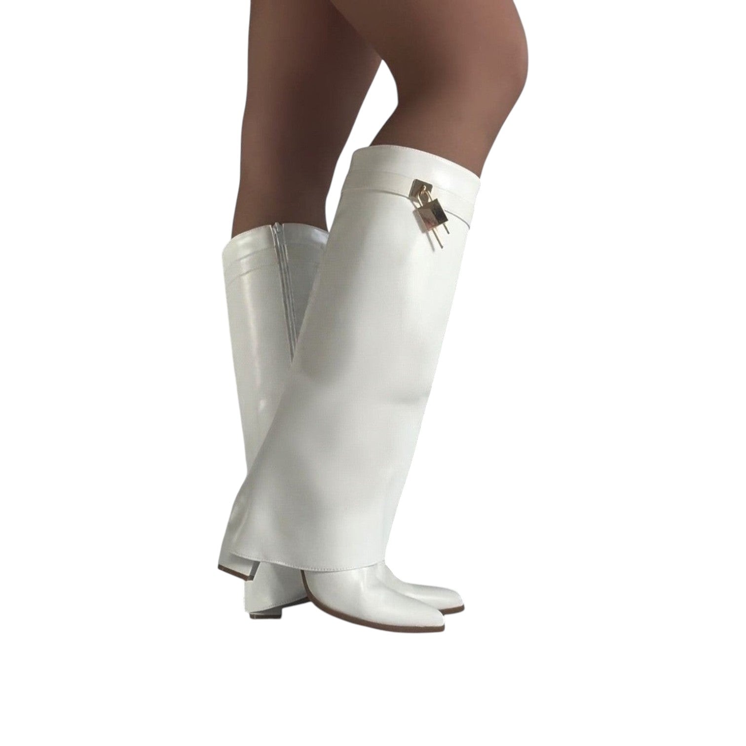 So and Ro white faux leather knee-high boots with fold-over top and gold buckle detail.