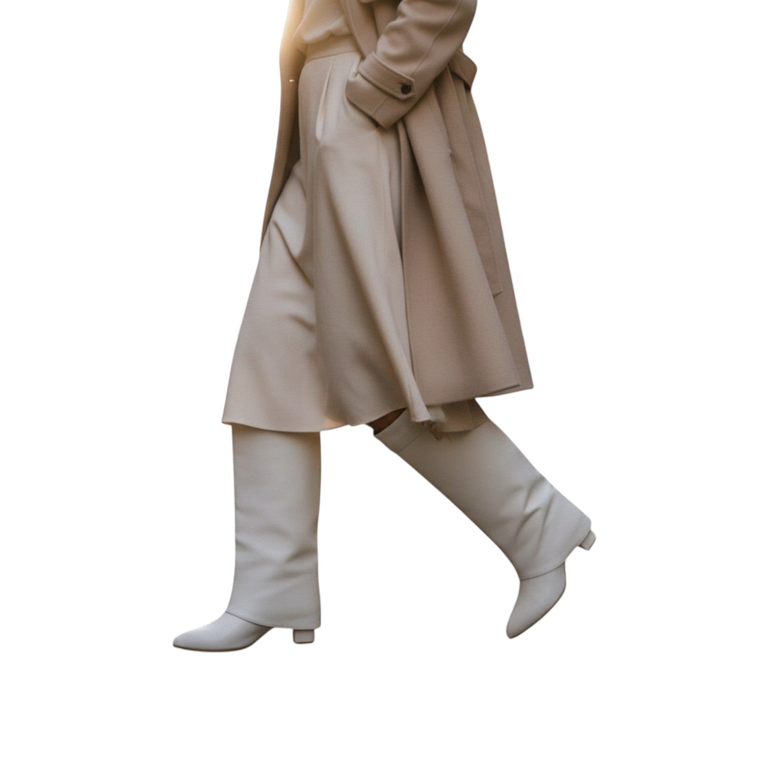 So and Ro white faux leather fold-over knee-high boots with buckle detail, worn by a model walking on a cobblestone street.