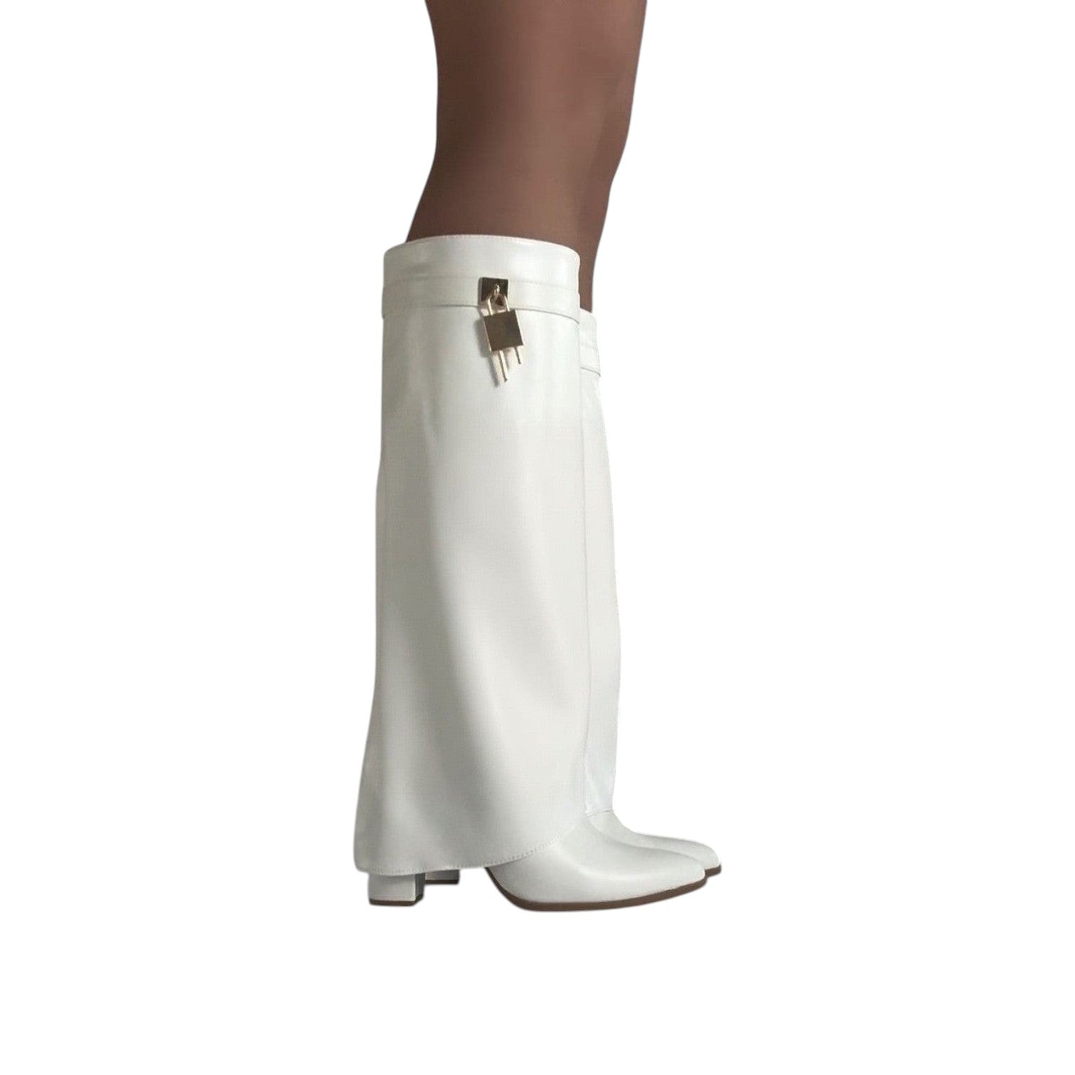 So and Ro white faux leather knee-high boots with fold-over cuff and gold buckle detail.