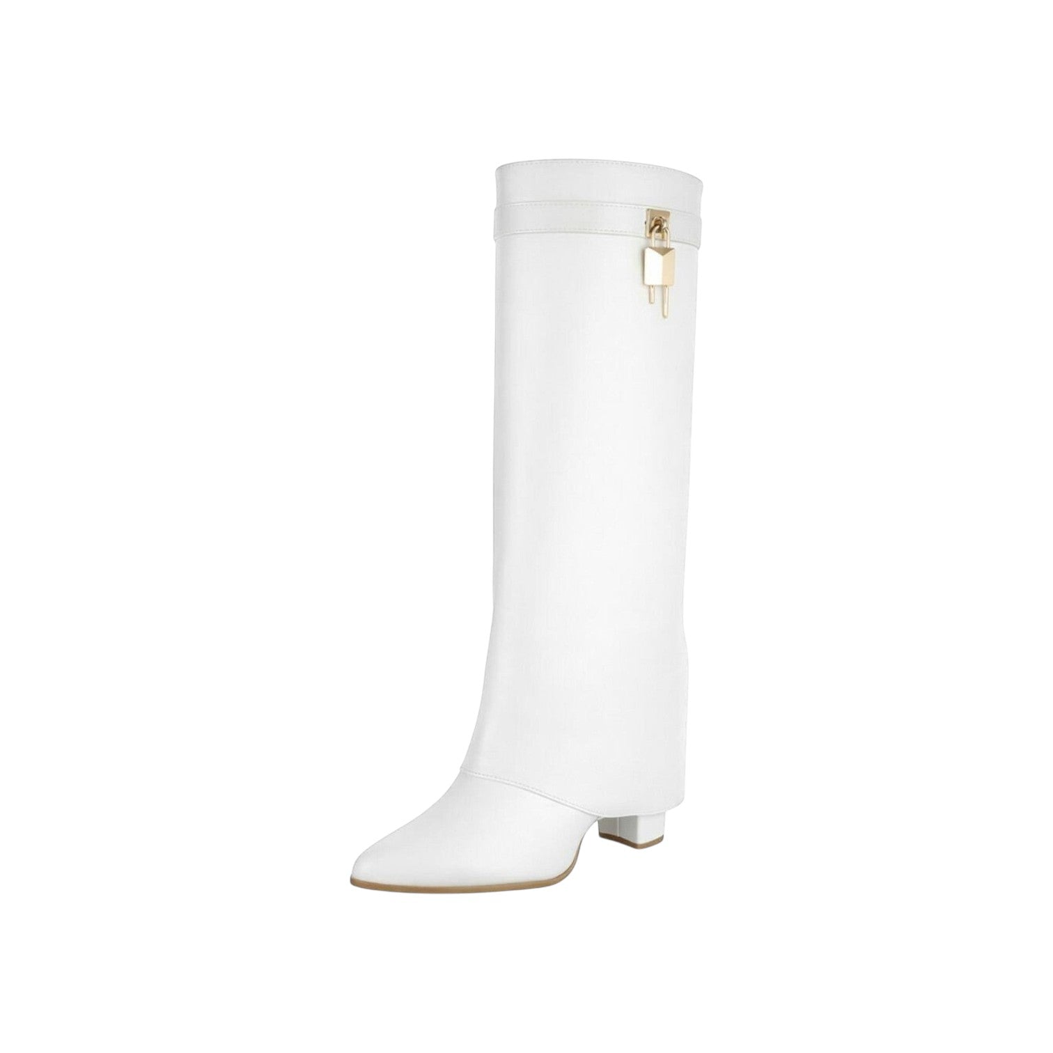 So and Ro white faux leather knee-high boots with fold-over cuff and gold padlock detail.