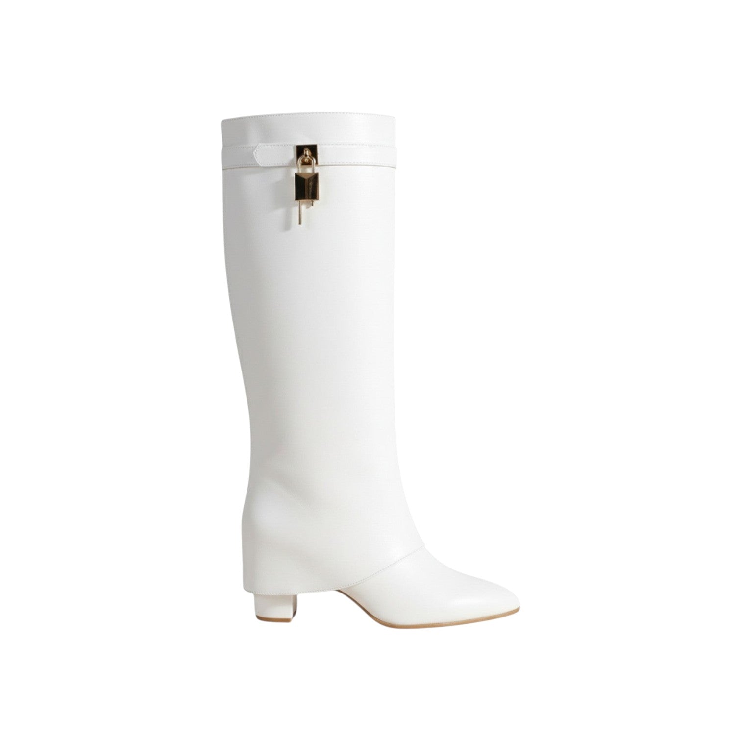 So and Ro white faux leather knee-high boots with fold-over detail and gold lock accent.