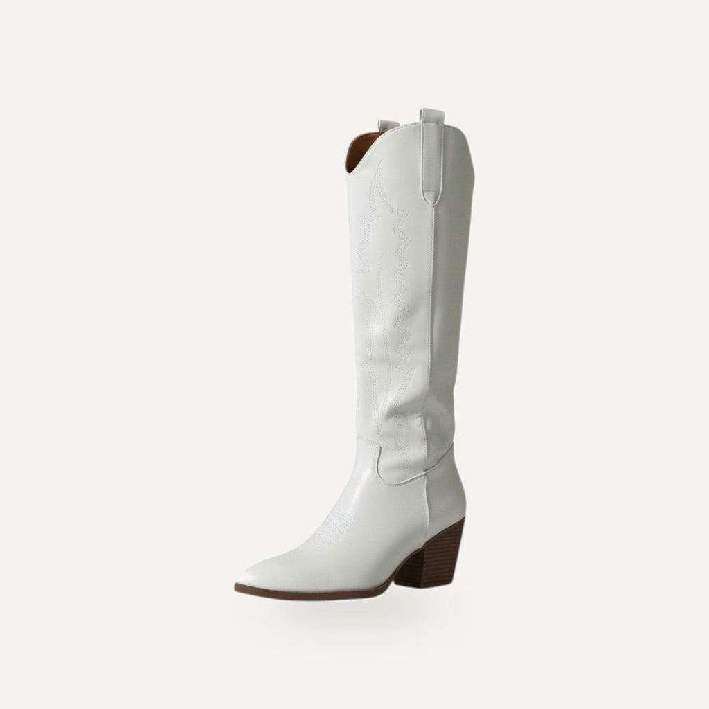 So and Ro white leather-look knee-high cowboy boots with traditional stitching and block heel.