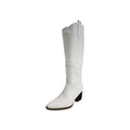 So and Ro white leather-look knee-high cowboy boots with traditional stitching and block heel.