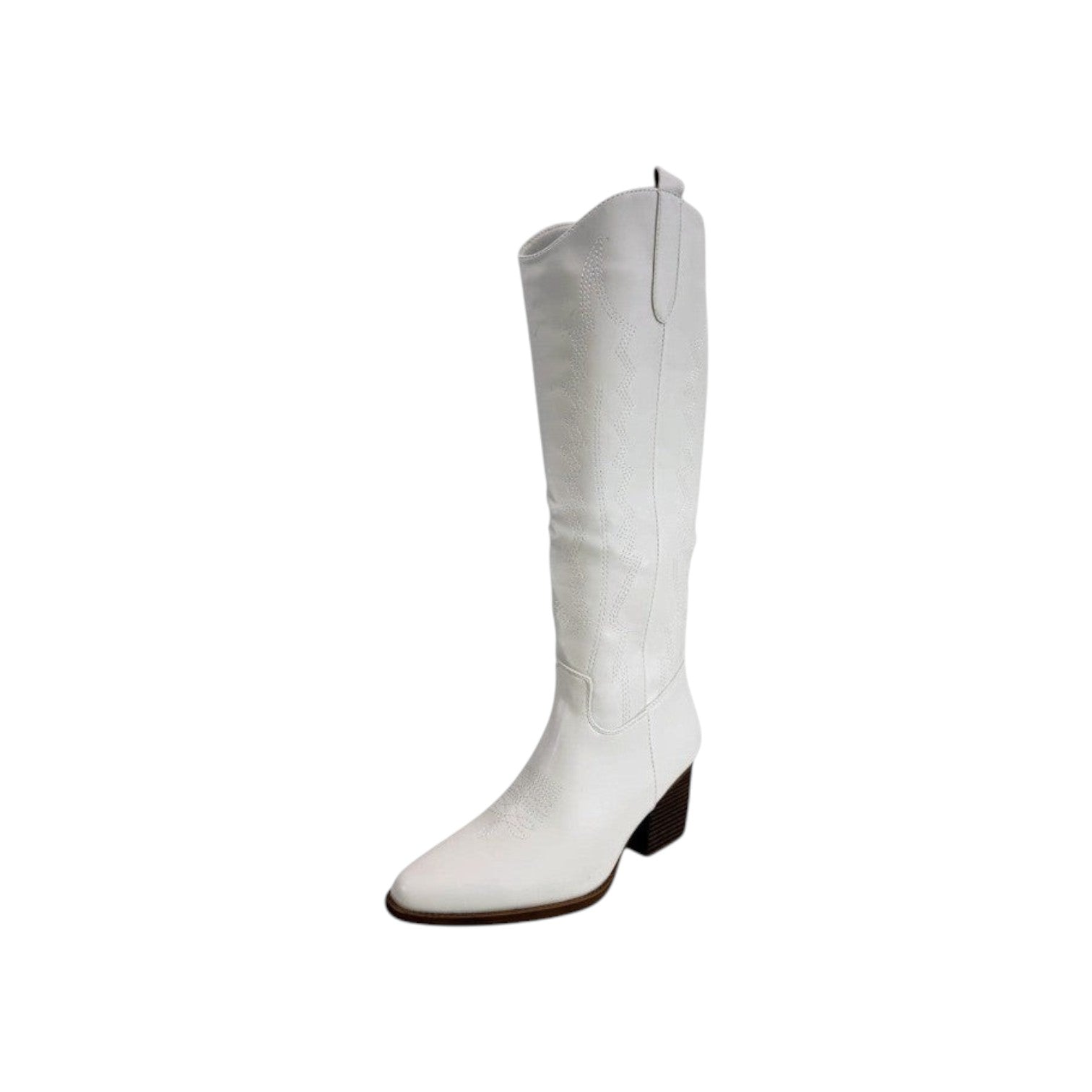 So and Ro white leather-look knee-high cowboy boots with traditional stitching and block heel.