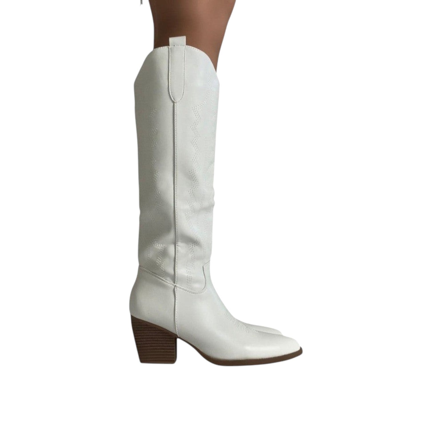 So and Ro white leather-look knee-high cowboy boots with block heel and traditional stitching details.