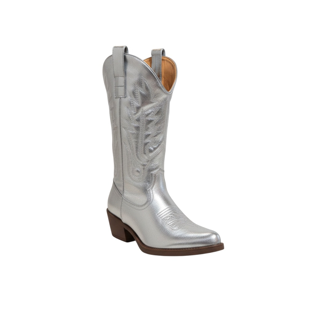So and Ro - shoes and more zilveren western laarzen met lage hak en borduursels