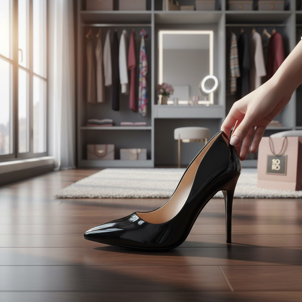 Zwarte lak stiletto pump met puntneus en lage kitten heel van So and Ro - shoes and more.