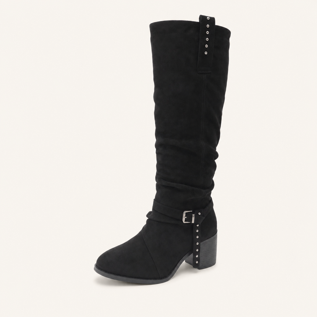 Boho Buckle Boot Zwart – Kniehoge Microsuède Laars met Gesp