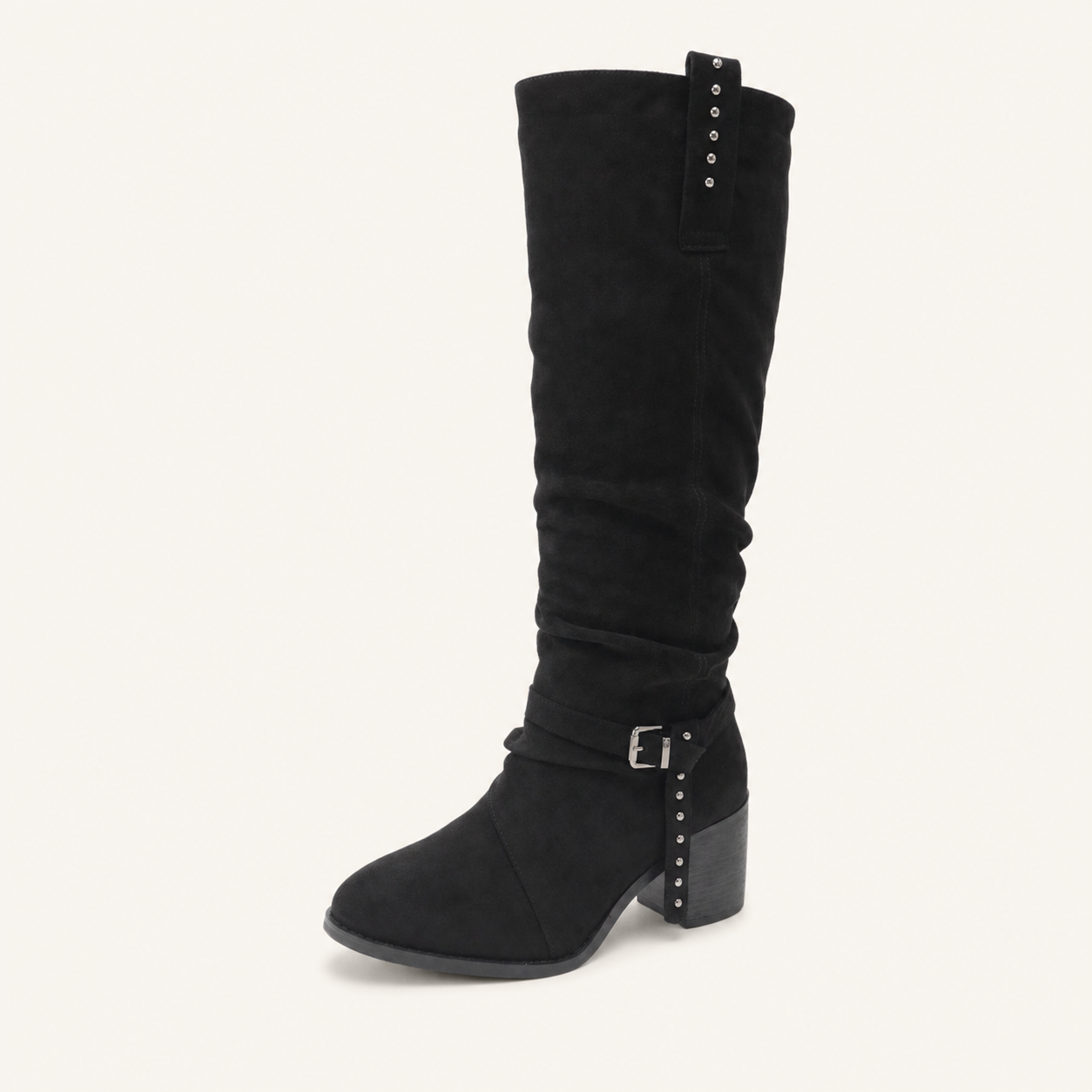 Boho Buckle Boot Zwart – Kniehoge Microsuède Laars met Gesp