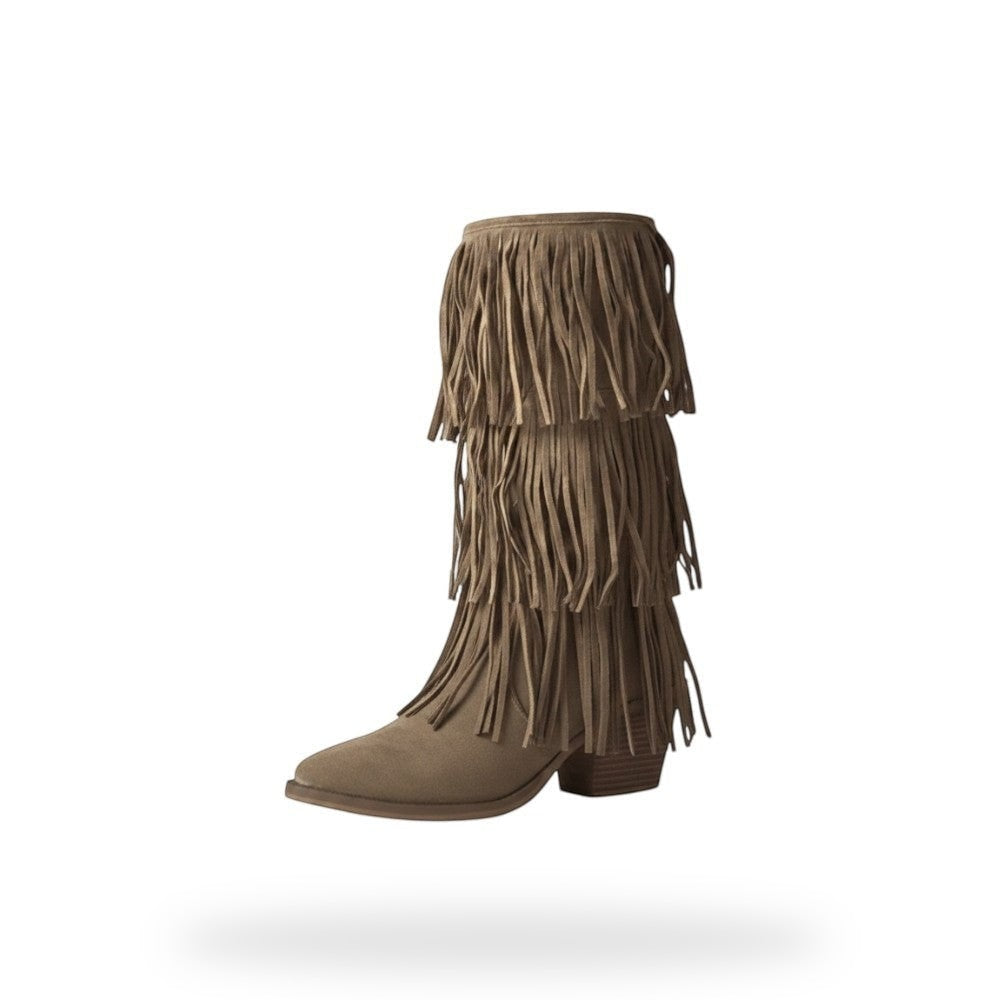 Tiered Fringe Suede Boots – Beige | Boho Festival Laarzen Dames