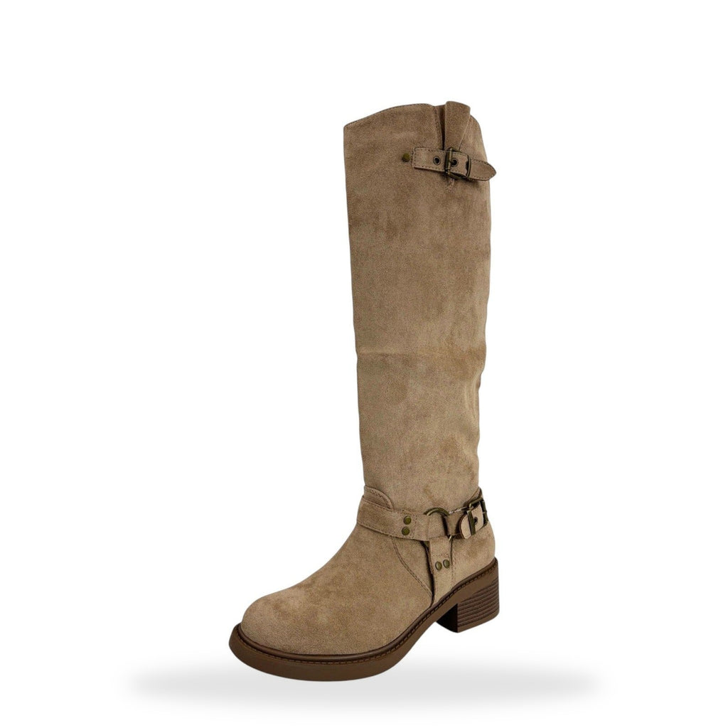 Suede Knee High Boots met Gesp – Beige | Western Laarzen Dames