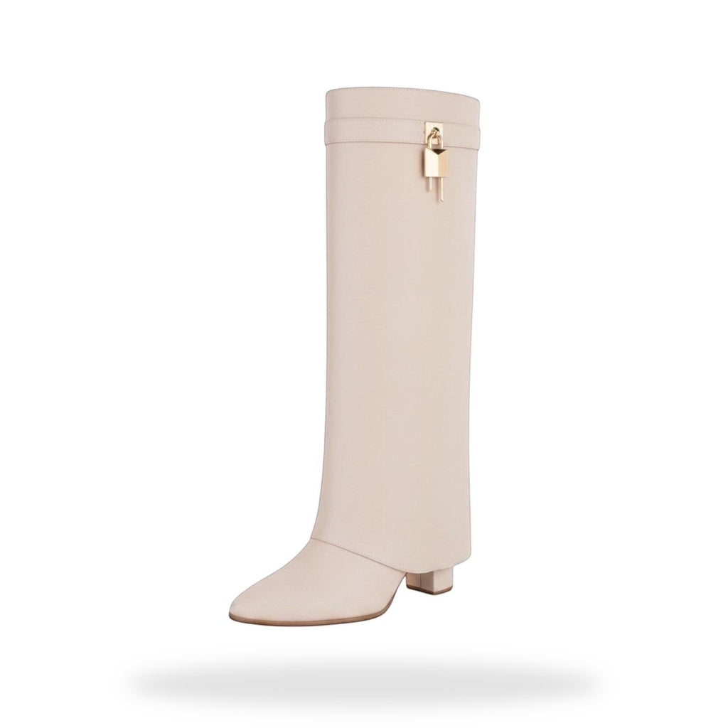 Fold Over Knee High Boot – Beige Leder Look | Trendy Dames Laarzen