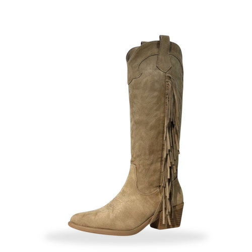 Beige Boho Cowboy Laarzen met Franjes – Trendy Festival Boots Dames