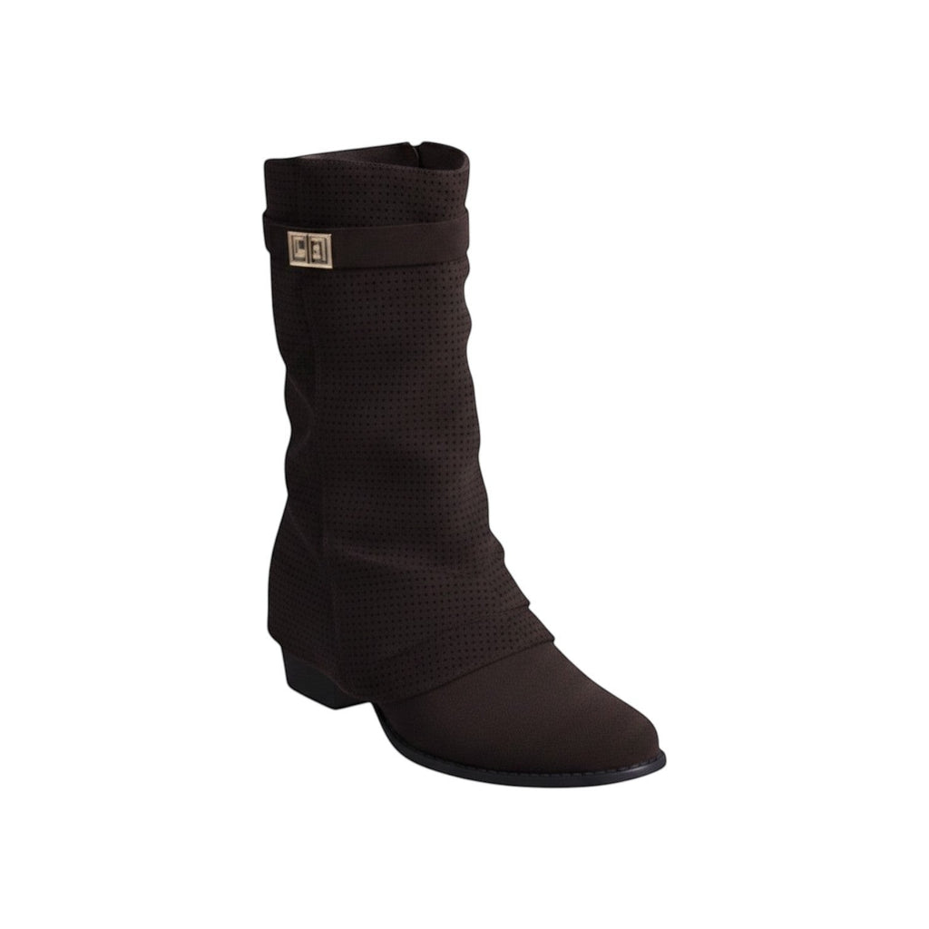 So and Ro black suede-look short boots with perforated detail and a wrap-around strap with a gold buckle.