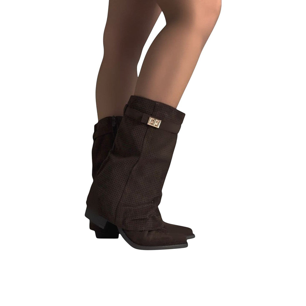So and Ro brown micro-suede slouch boots with buckle detail and perforated design. Square toe with a low heel.