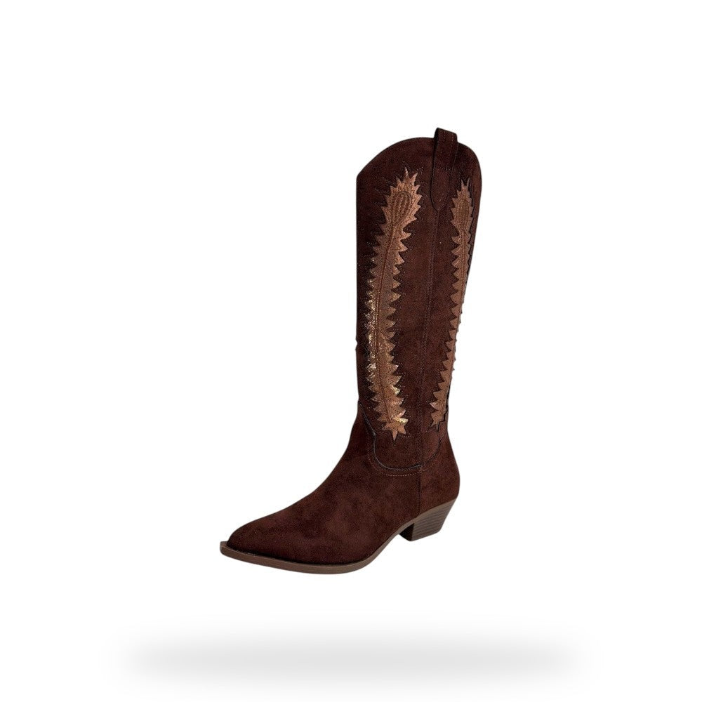 Bruine Micro Suède Cowboy Boots met Contrast Borduursel | Festival Laarzen