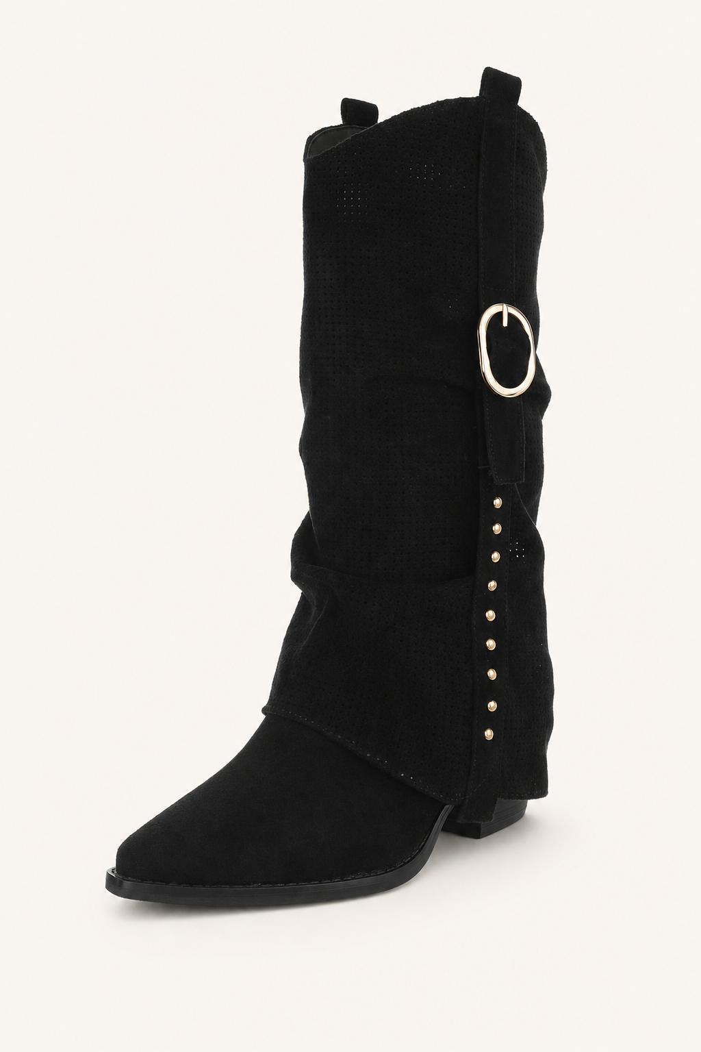 Perforated Slouch Boot Zwart – Kniehoge Western Laars met Gouden Gesp
