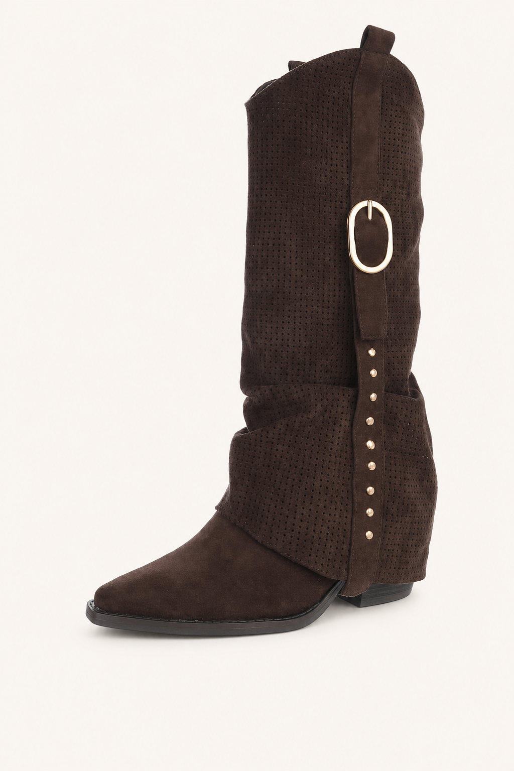 Perforated Slouch Boot Donkerbruin – Kniehoge Western Laars met Gouden Gesp