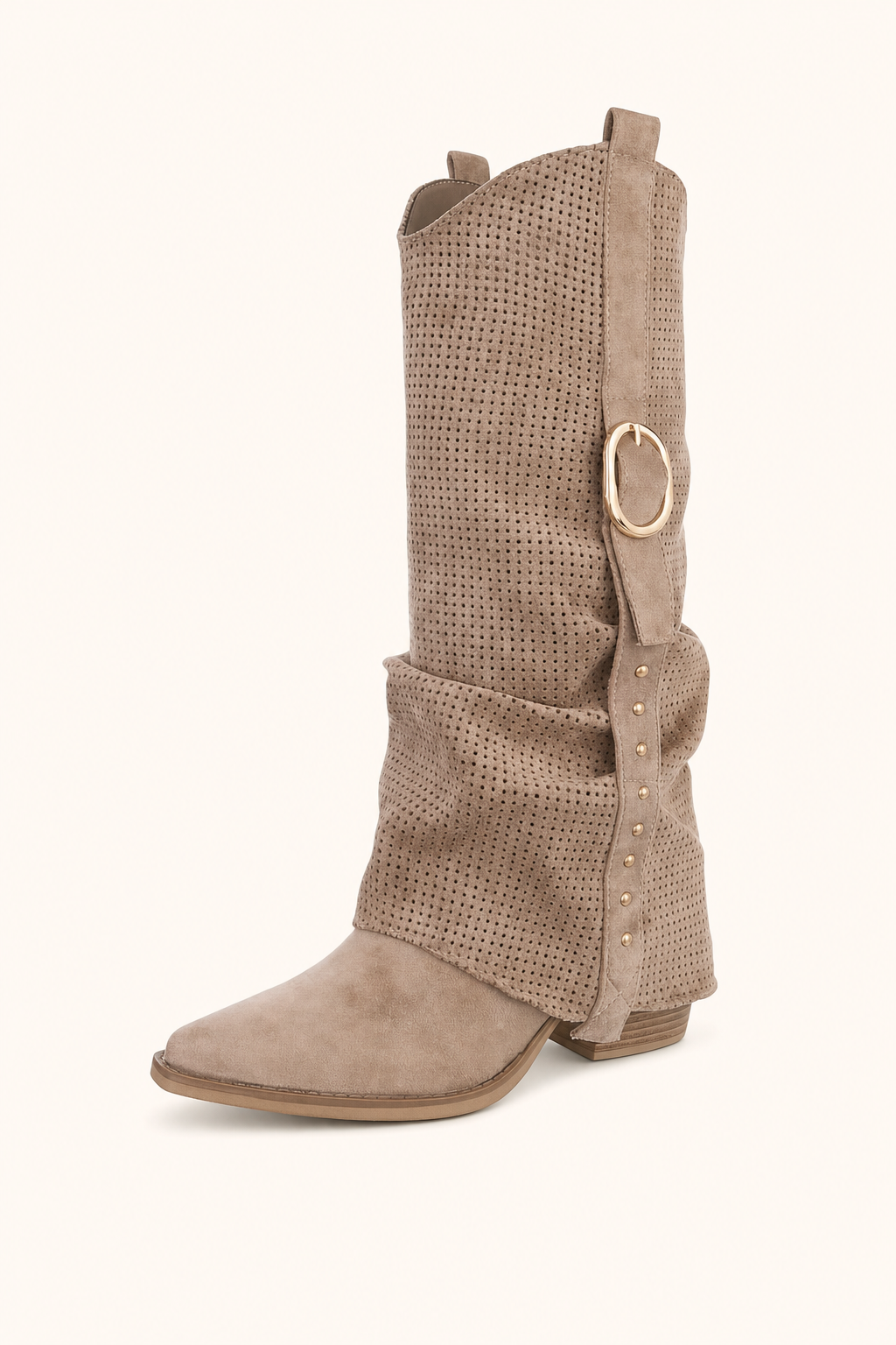 Perforated Slouch Boot Taupe – Kniehoge Western Laars met Gouden Gesp