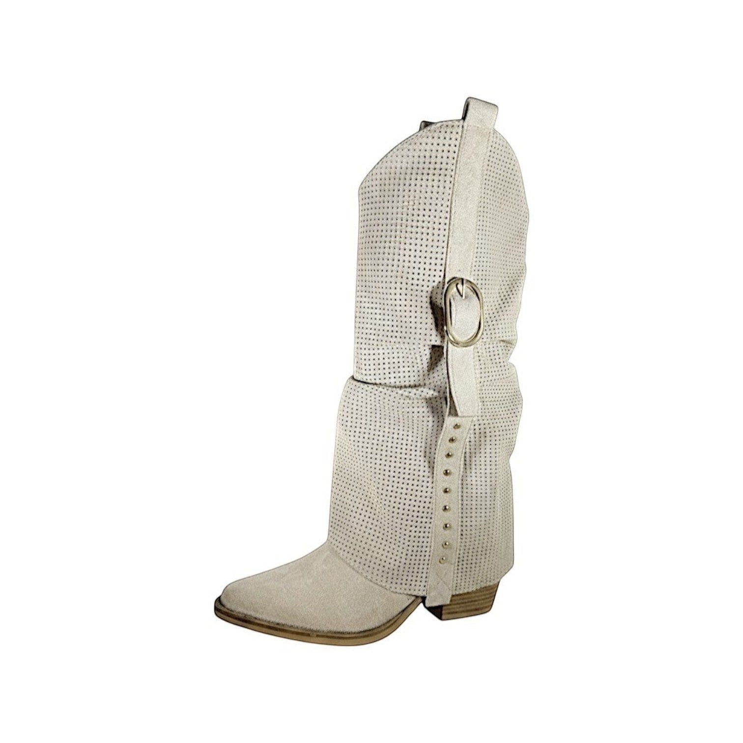 So and Ro cream suede western boots with perforated shaft, buckle strap, and stud detailing.