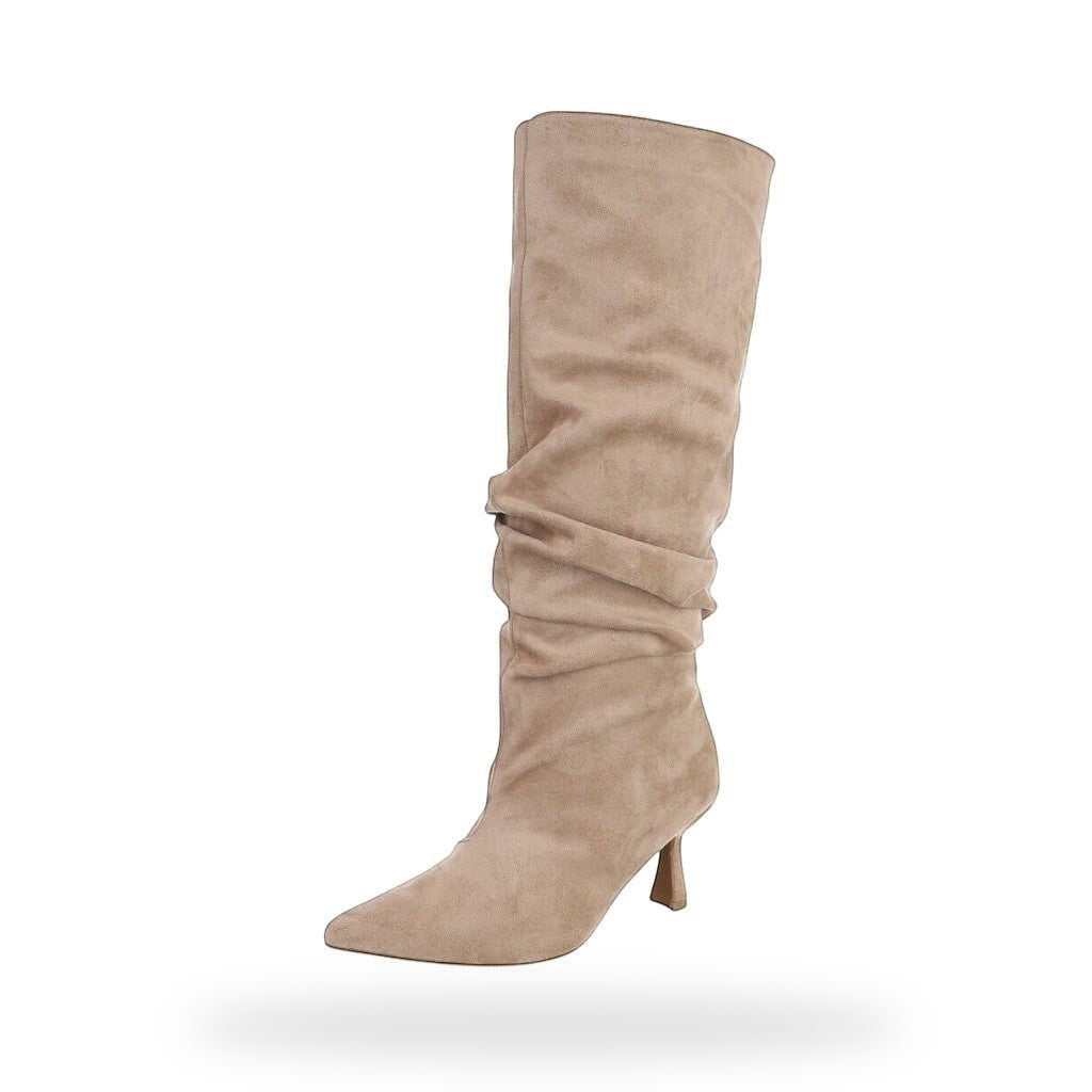 Ruched Knee High Boots – Beige Suède Look | Puntneus Laarzen Dames