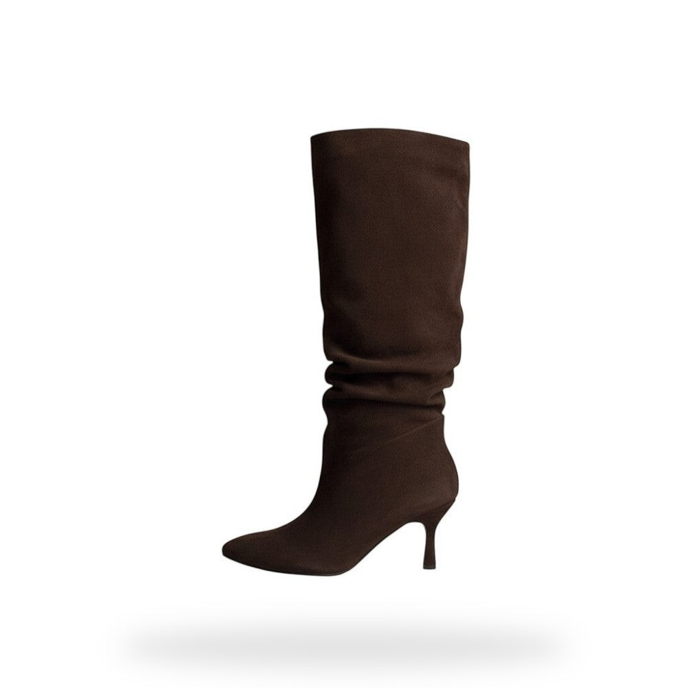 Bruine slouchy knee high boots met kitten heel - elegante hoge laarzen dames in suède look