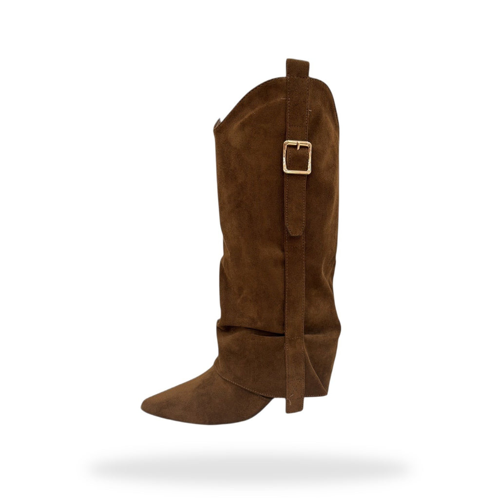 Fold-Over Laarzen Cognac – Suède met Gouden Gesp