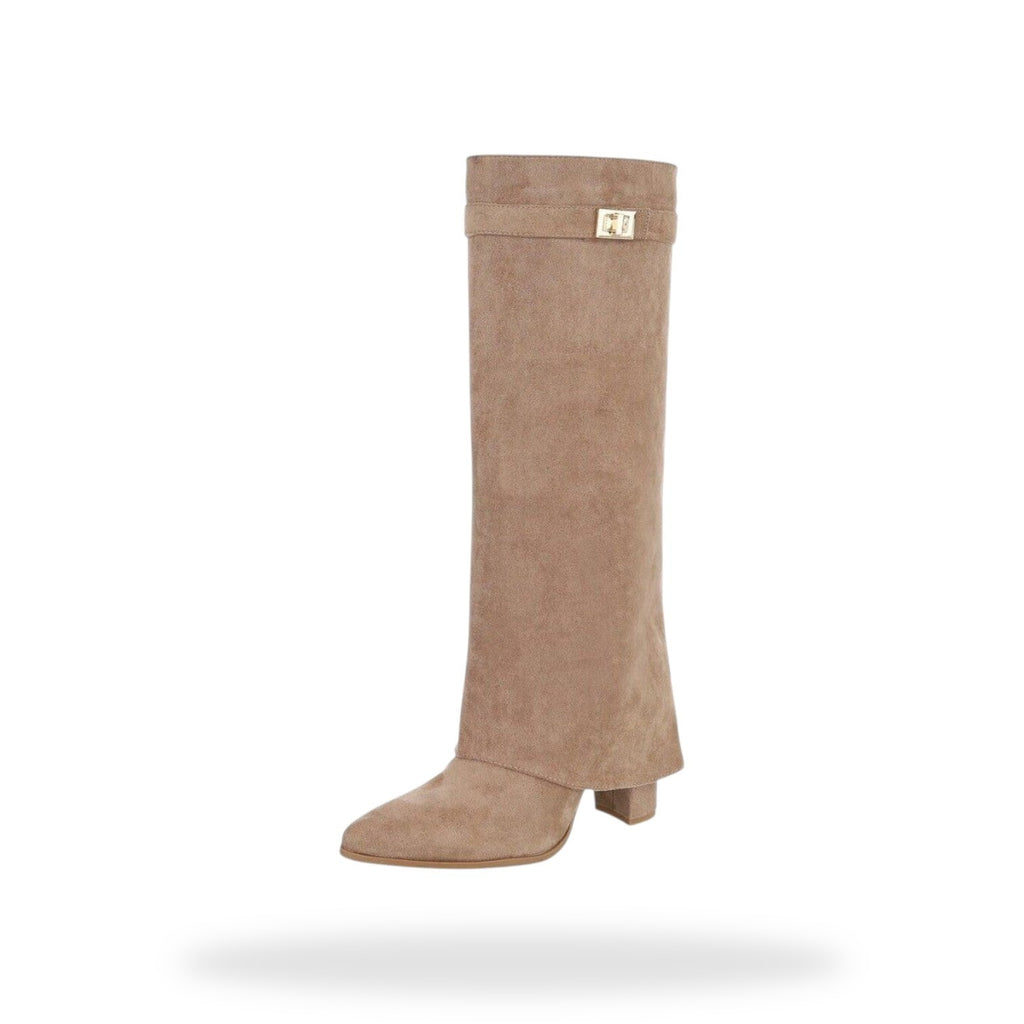 Taupe suède festival laarzen dames met omslag - knee high boots voor festivals