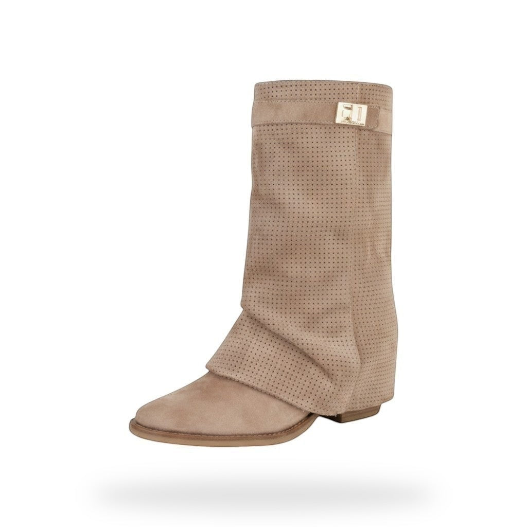Perforated Suede Fold-Over Boot – Khaki | Festival Laarzen Dames