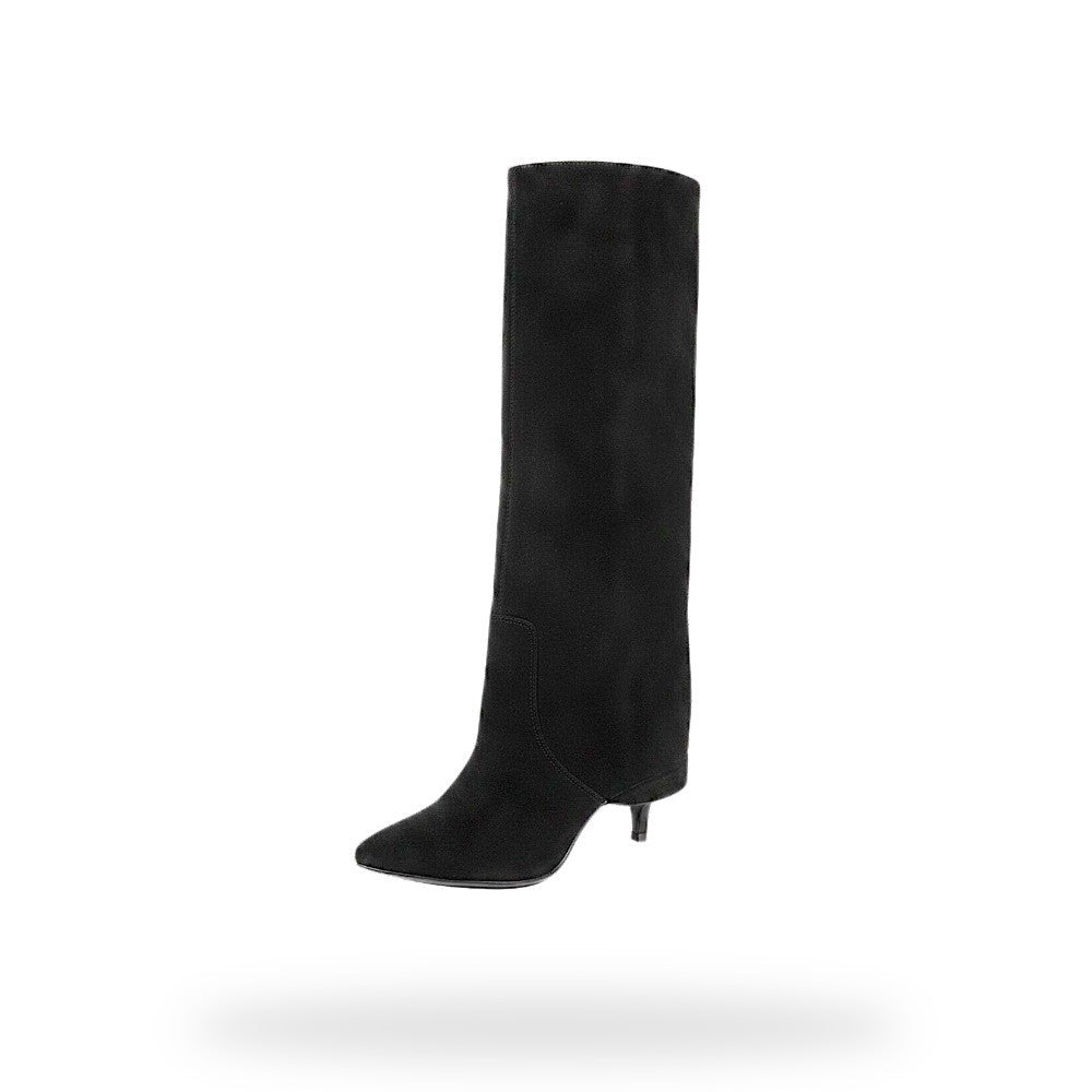 Fold Over Knee High Boots – Zwart Suède Look met Stiletto Hak