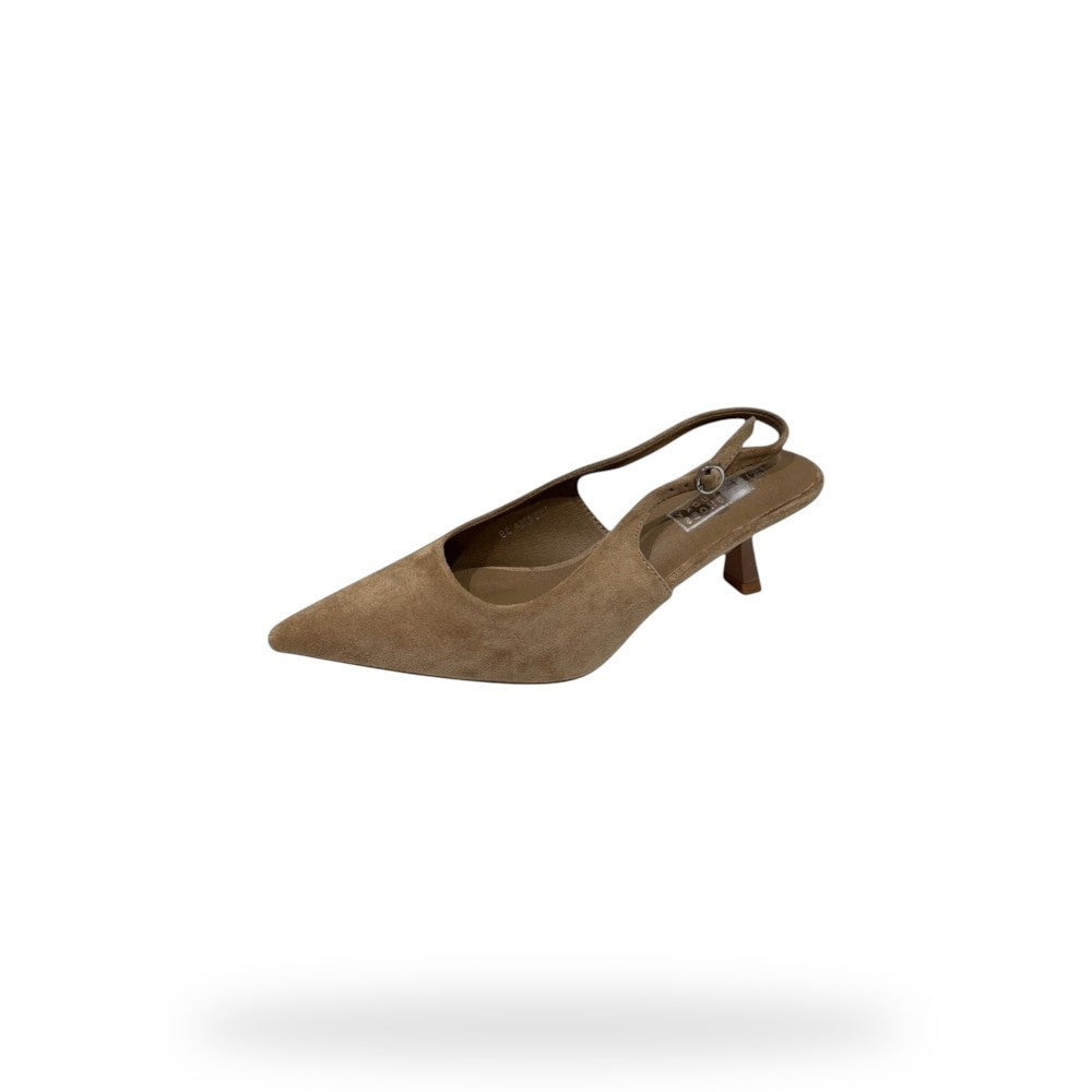 Elegante beige micro suède slingback hakken met verfijnde puntneus