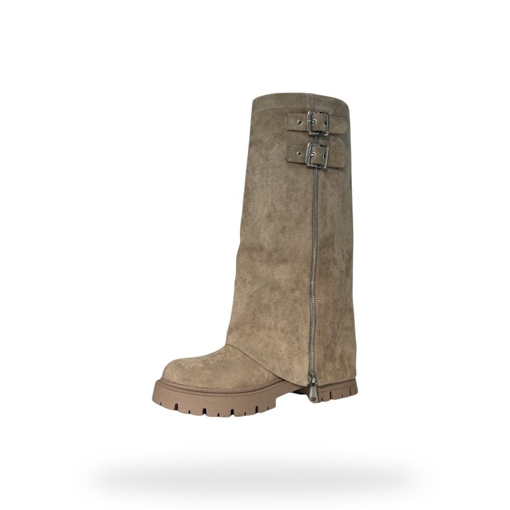 Beige Micro Suède Hoge Laarzen met Gesp – Chunky Zool | Dames Boots