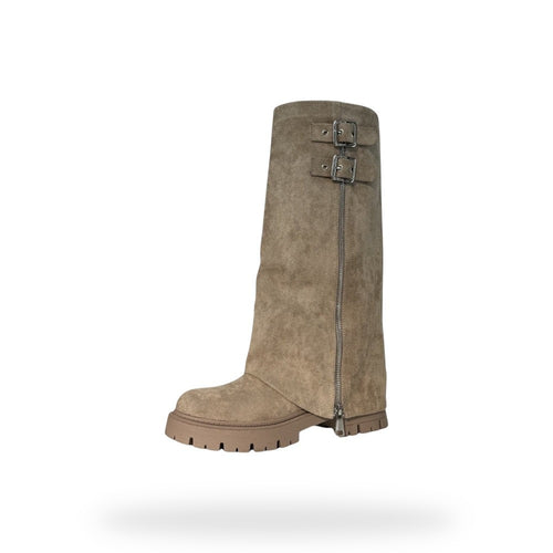 Beige Micro Suède Hoge Laarzen met Gesp – Chunky Zool | Dames Boots