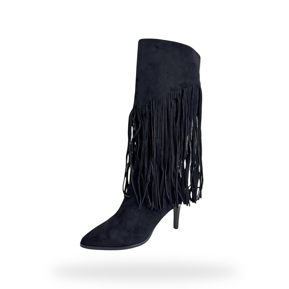 Zwarte Fringe Knee High Boots – Boho Micro Suède | Festival Laarzen