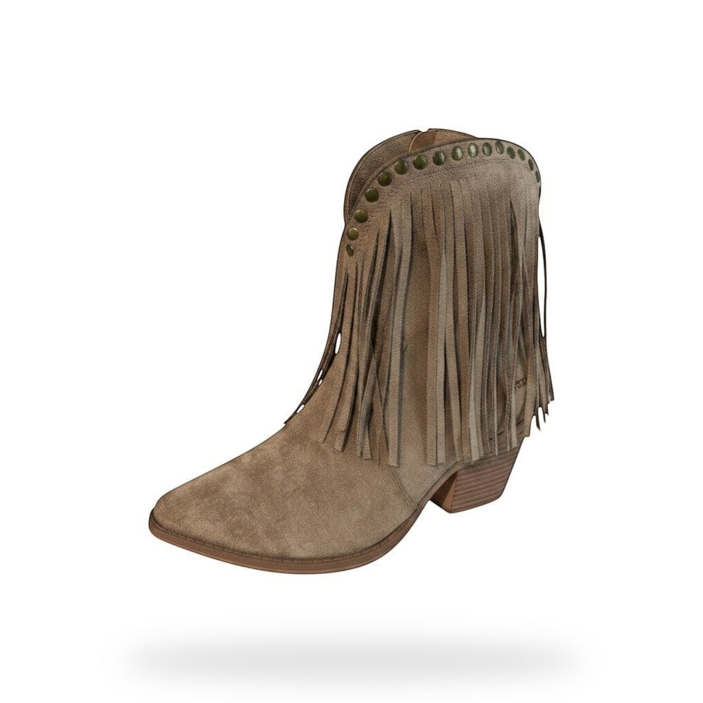 Khaki Suede Fringe Western Boot | Boho Festival Laarzen Dames