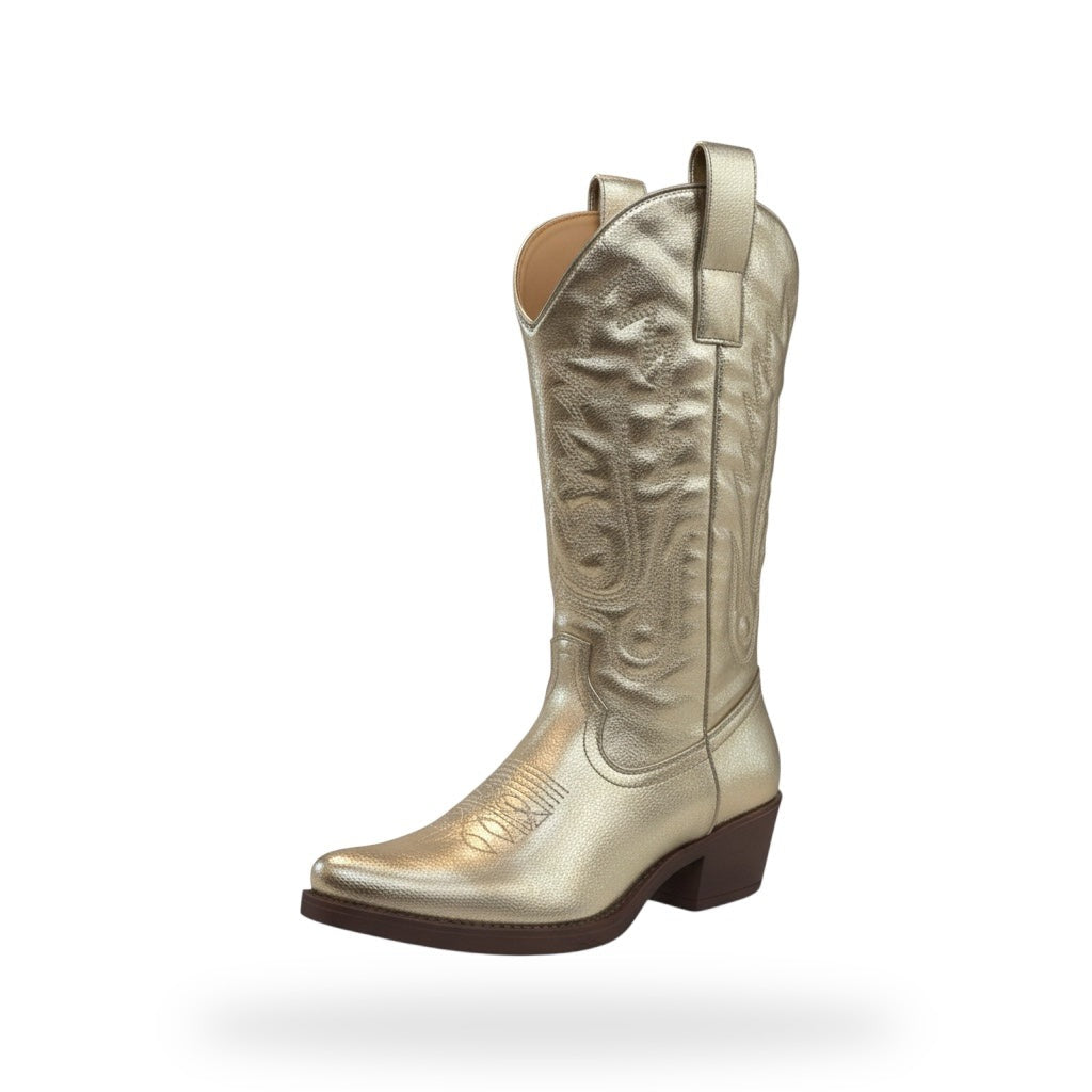 Gouden festival laarzen dames met lage hak, metallic western boots met glitter details