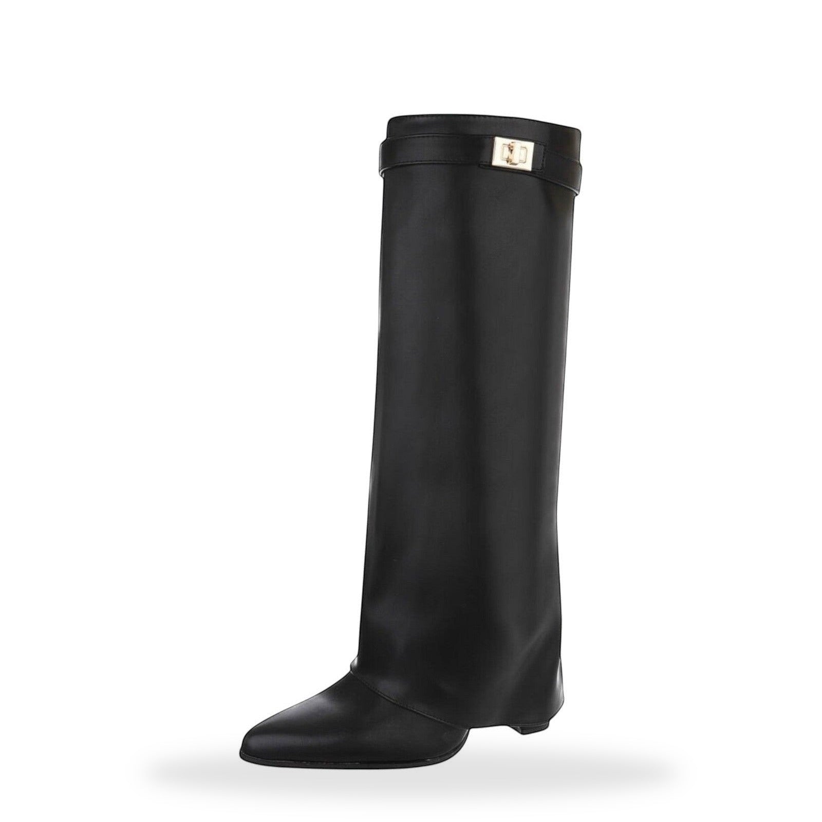 Zwarte leder look laars met omslag en gouden detail VIRAL ON TIK TOK
